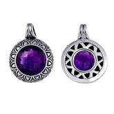 Handmade Bali sterling silver pendant with faceted amethyst quartz and floral sunray design